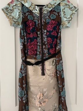 Floral Embroidered Mixed-Media Midi Dress in Burgundy, Teal & Cream